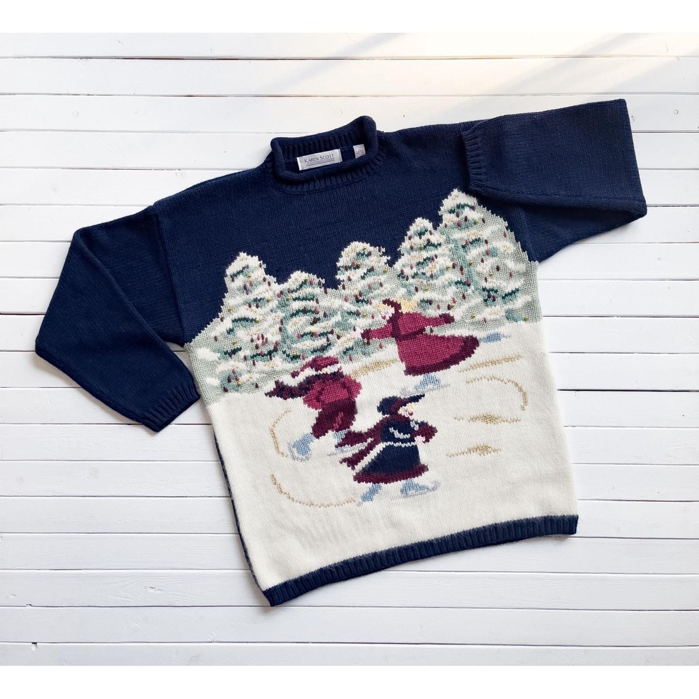 vtg Karen Scott ice skating hand knit Christmas wool sweater size L‎